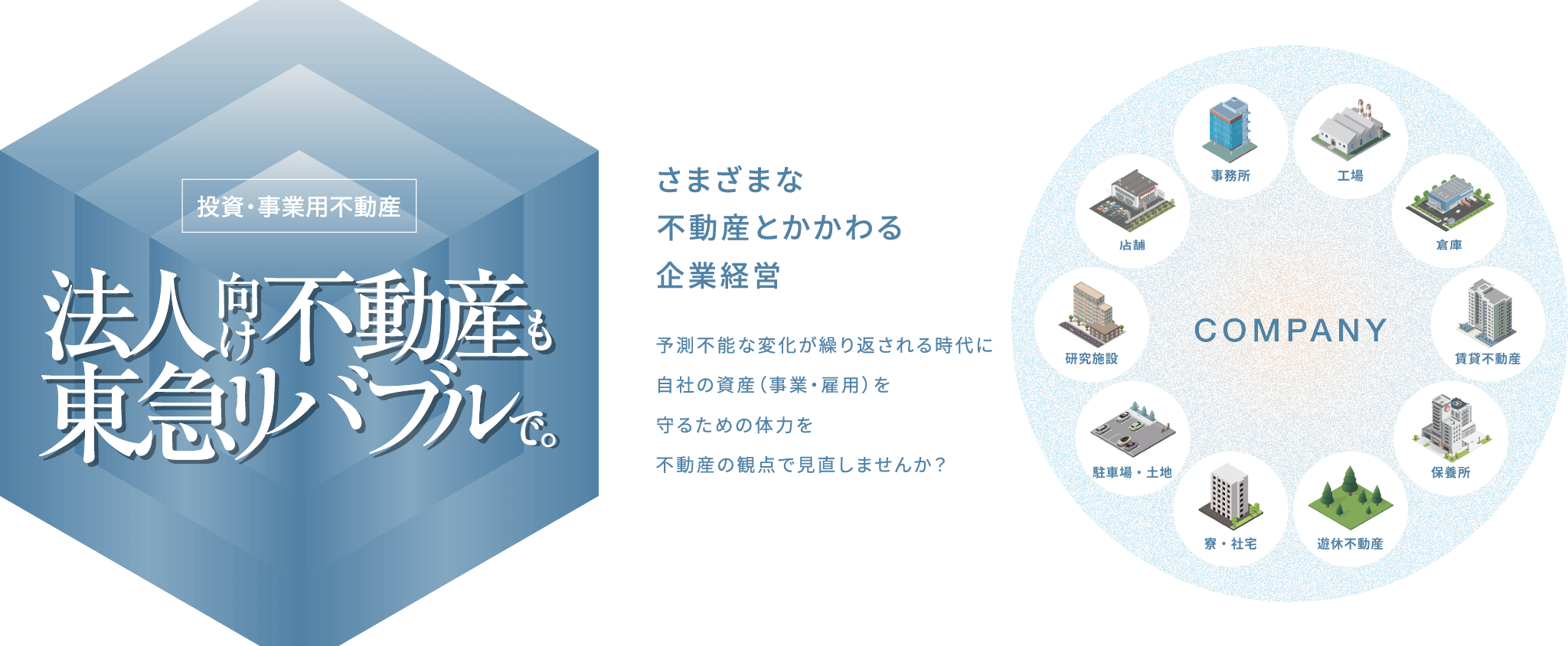 投資・事業用不動産 法人向け不動産も東急リバブルで。さまざまな不動産とかかわる企業経営予測不能な変化が繰り返される時代に
                自社の資産（事業・雇用）を守るための体力を不動産の観点で見直しませんか？